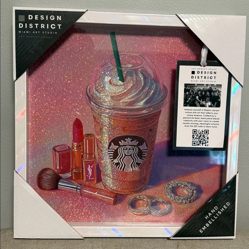 Starbucks Pink Glitter Frappuccino Art Print with Makeup Accents - Picture 2 of 3